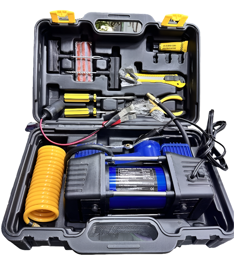 Inflador De Llanta Compresor Doble Piston 12v Auto Camioneta + kit de reparaciòn de llantas+MALETIN+ENVIO GRATIS